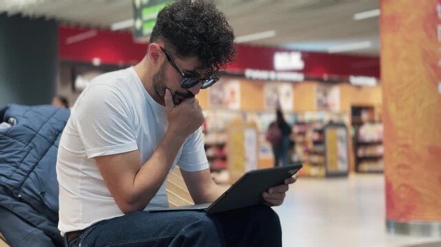 Concerned Man Focused on Tablet in Busy Modern Public Hub