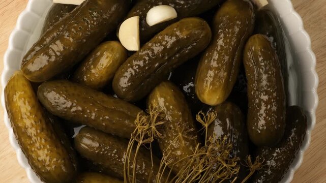 Pickled gherkins with garlic and dill rotating