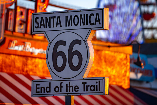 Route 66 end sign. Historic Route 66 landmark. Route 66 destination marker. Coastal Route 66 signage.