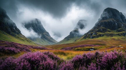 Fototapeta premium Misty Scottish highlands with purple heather fields in autumn. Dramatic mountains rise from a green valley under cloudy skies, creating a moody landscape.