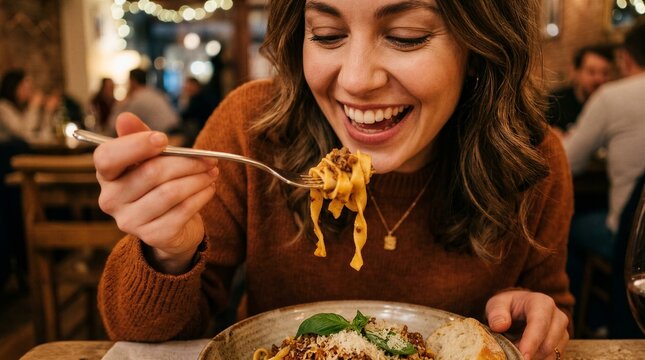 Young woman eating pasta happily in restaurant interior