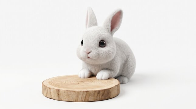Fluffy white baby rabbit sitting gracefully next to a small circular wooden display platform in bright natural indoor studio light