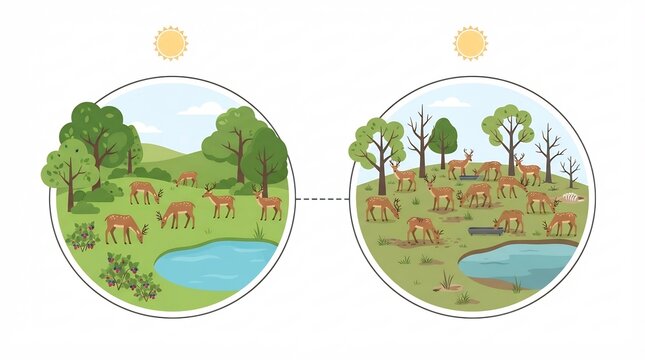 Ecological Comparison: Population Growth and Habitat Degradation &ndash; Environmental Science Illustration