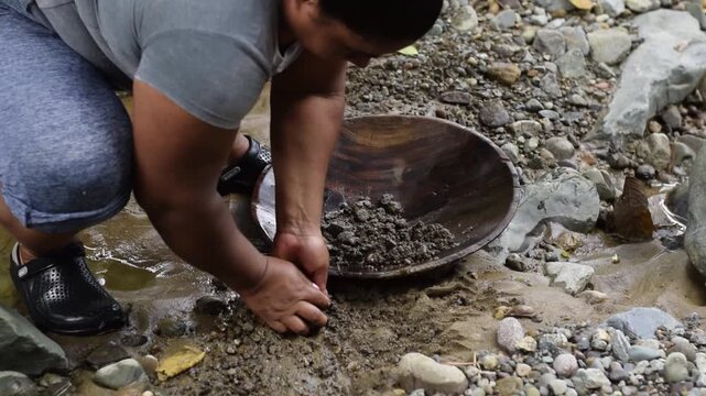 Latin American woman collecting river sediment by hand for artisanal gold panning. scooping up sand to extract gold with their pan