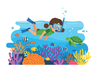 Fototapeta premium Flat style vector of a young girl diving underwater alongside tropical fish and a sea turtle near corals. Perfect for marine conservation and eco-tourism designs