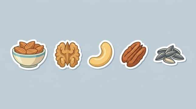 Nut and Seed Sticker Illustration Set with Bowl of Almonds