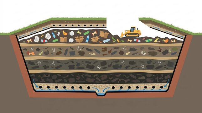 Landfill Layers and Waste Decomposition Process Cross Section &ndash; Cross Section Diagram