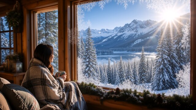 A woman wrapped in a plaid blanket sits comfortably on a couch in a rustic wooden cabin, holding a warm cup of coffee as she gazes out at a breathtaking snowy mountain landscape through the large