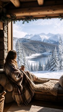 A woman sits comfortably on a wooden window seat wrapped in a plaid blanket, sipping from a mug while gazing out at a serene winter landscape of snow-covered mountains, pine trees, and a frozen lake