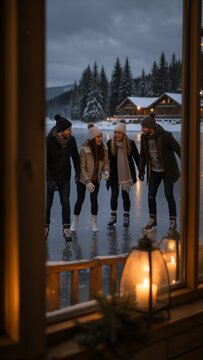 Group of friends in cozy winter attire ice skates on a frozen pond beside a warm wooden cabin at twilight, gazing at the peaceful snowy landscape. Candlelight glows from the window creating a magical