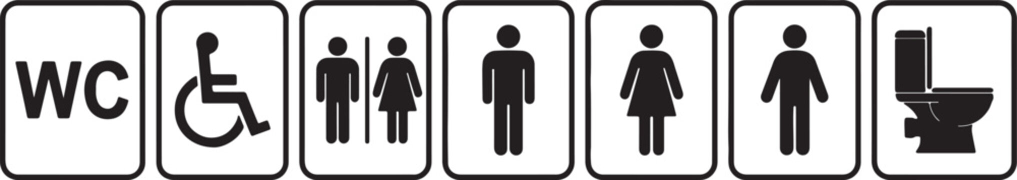 Collection of Restroom Sign Icons Featuring Universal Accessibility Symbols and Gender Specific Bathroom Indicators Alongside Toilet Graphics