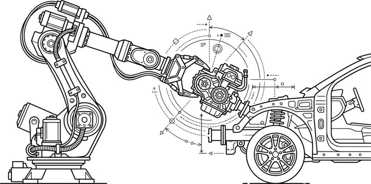 Industrial robotic arm assembling a car chassis blueprint.