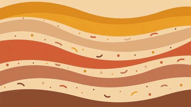 Abstract warm colored wavy layer background with organic shapes and dots, retro 70s geological strata style vector illustration