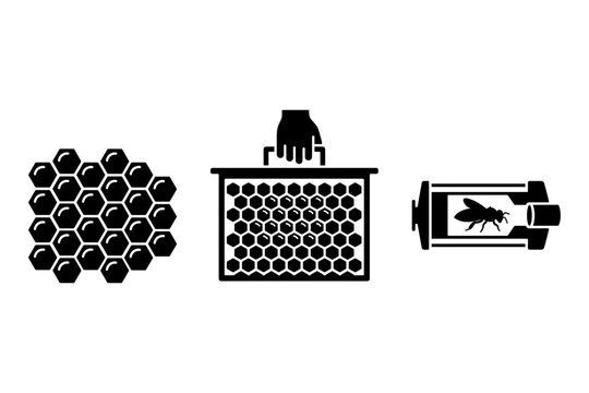 Black honey comb pattern hand lifting bee hive frame and queen bee marking cage icons on white background