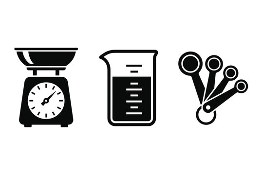 Black analog kitchen scale graduated measuring beaker and measuring spoons set icons on white background