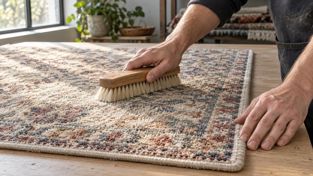 Technician brushes the dry pile of a loose rug in one direction while steadying its bound edge on a clean finishing table before return from a cleaning service workshop