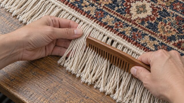 Technician gently combs a short section of dry rug fringe while supporting the attached strands on a finishing bench before rolling for return from a cleaning service