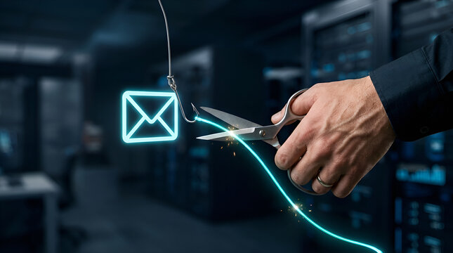 Businessman hand cutting glowing neon email icon with scissors against blurred server room background