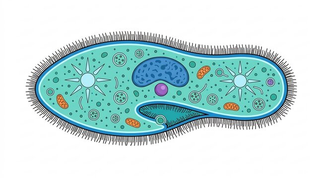 Microscopic Paramecium Single Cell Organism: Internal Organelles and Cilia &ndash; Biology Illustration