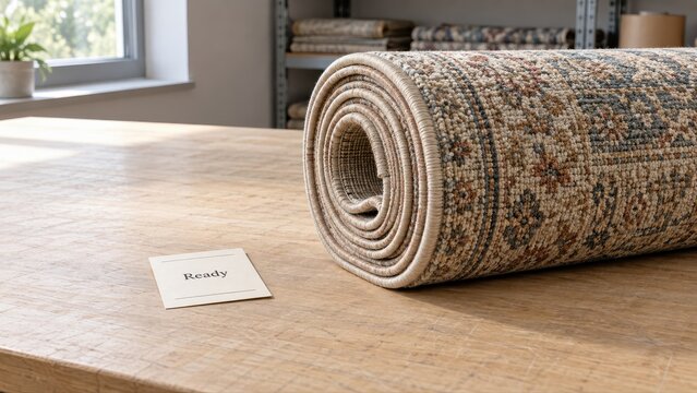 Dry rolled rug rests beside a simple Ready ticket on a clean packing bench with its bound edge and layered end visible before customer return from a cleaning service