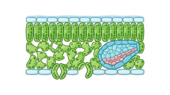 Biological Cross-section: Leaf Showing the Epidermis, Palisade and Spongy Mesophyll Layers, and Vascular Bundles &ndash; Cross Section Diagram