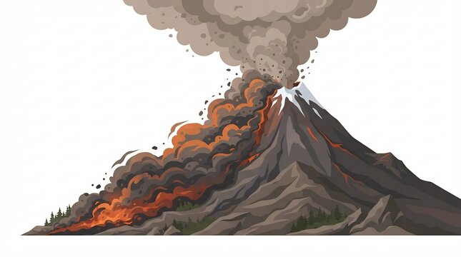 Volcanic Eruption Featuring a Dense Pyroclastic Flow of Ash and Lava Descending a Mountain Slope &ndash; Earth Science Illustration