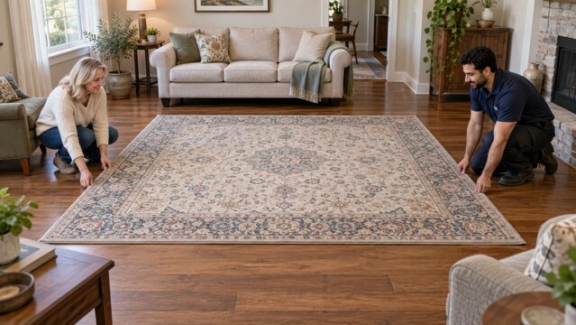 Customer and cleaning technician adjust opposite rug corners so the dry textile lies flat in a clear sitting room before furniture returns during a cooperative home service handover