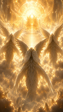Three Seraphim in a Radiant Golden Heaven &mdash; Biblical Illustration