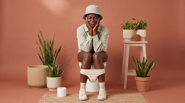 Gastroenterology: Black woman suffering digestive distress while seated on toilet