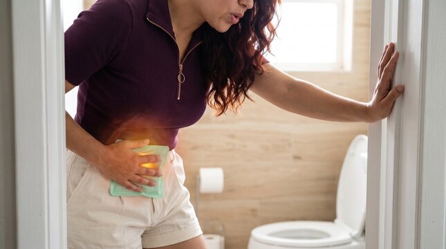 Gastroenterology: Woman with abdominal pain uses heating pad near toilet