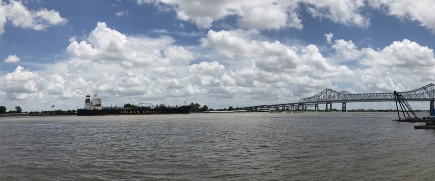Cargo ship and bridge on the Mississippi River