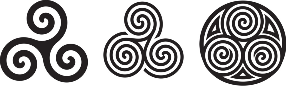 Three variations of ancient Celtic triskele spiral symbols representing eternity, rebirth, and spiritual growth on a white background