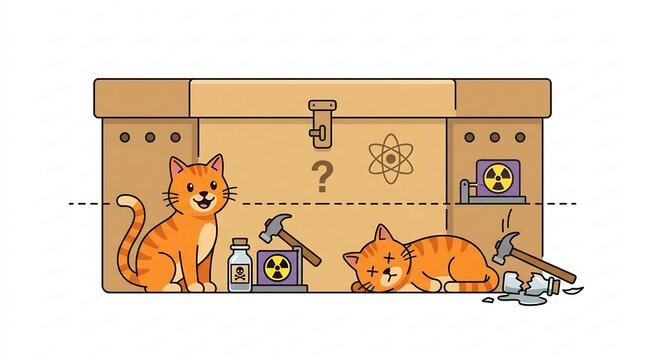 Quantum Superposition Showing a Cat in Two Simultaneous States of Existence Within a Box &ndash; Chemistry Diagram Illustration