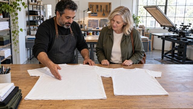 Printer compares the chest width of two blank shirts laid flat with a customer at the workshop counter to discuss garment sizes and physical order specifications before screen printing begins