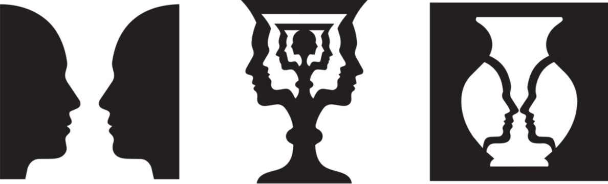 Rubin vase illusion graphic showing two black silhouette faces and one white vase for psychology and perception