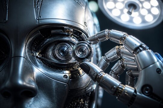 Humanoid robot inspecting mechanical eye in lab setting