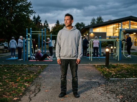 Sportsman at outdoor fitness park with people exercising at dusk