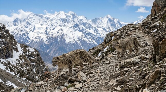 Snow leopards walking across rocky alpine slope with mountain backdrop