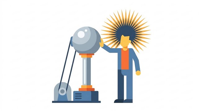 Person Demonstrating Static Electricity Charge with Hair Standing Up Near a Van De Graaff Generator &ndash; Physics Illustration
