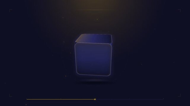A minimalist render of a blue cube centered in a dark, atmospheric background. Subtle light emanates from above, casting a soft glow and a gentle shadow below the object.