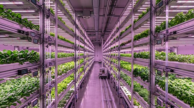Rows of green leafy vegetables growing in an indoor vertical hydroponic farm