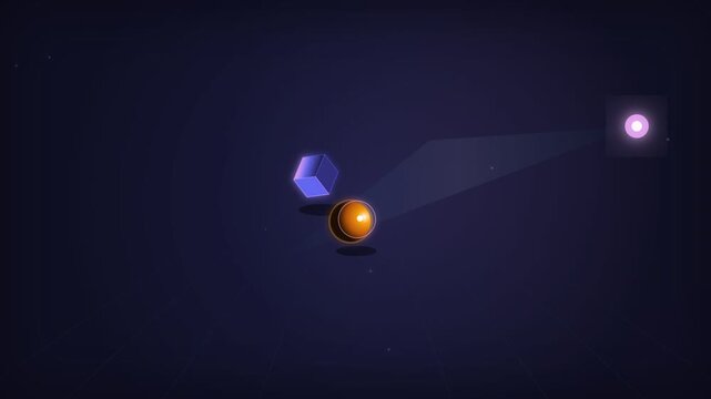 Three abstract geometric shapes, a cube, sphere and circle, are casting shadows on a dark blue background