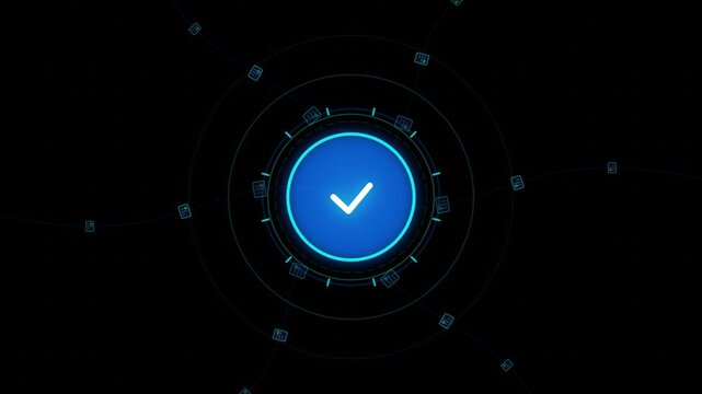 Digital checkmark success animation with hud interface and data network connectivity verified validation