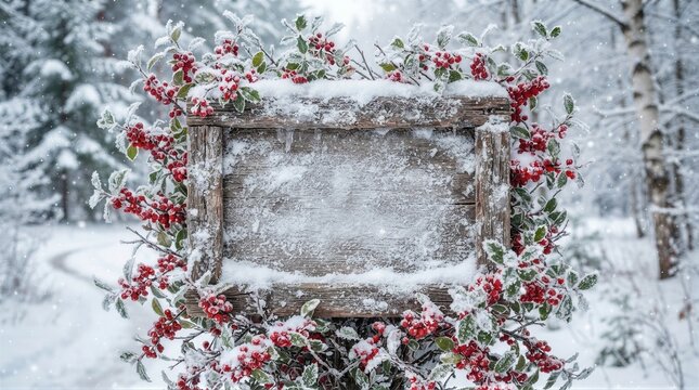 Rustic wooden sign framed by frosted berry wreath in snow