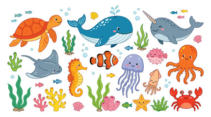 Collection of cute cartoon sea animals including a turtle, whale, narwhal, stingray, jellyfish, crab, and octopus with coral and seaweed © sumonto