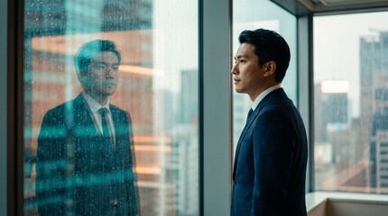 Fototapeta premium Businessman and Businesswoman Shaking Hands and Looking Toward the Future, Confident Business Team in Formal Suits Discussing Success and Professional Growth