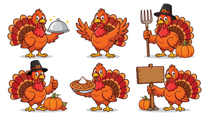 Collection of six cartoon turkey characters for thanksgiving with various props like pumpkins, pies, signs, and a pilgrim hat © sumonto