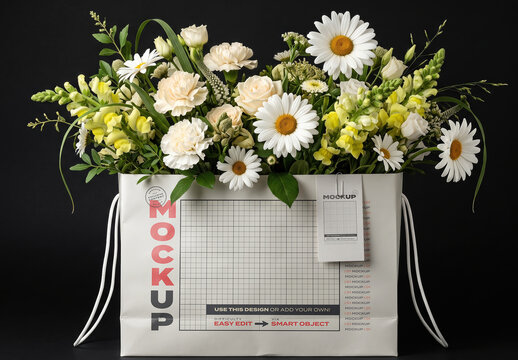 Shopping bag with Floral Bouquet and Ticket Branding Mockup
