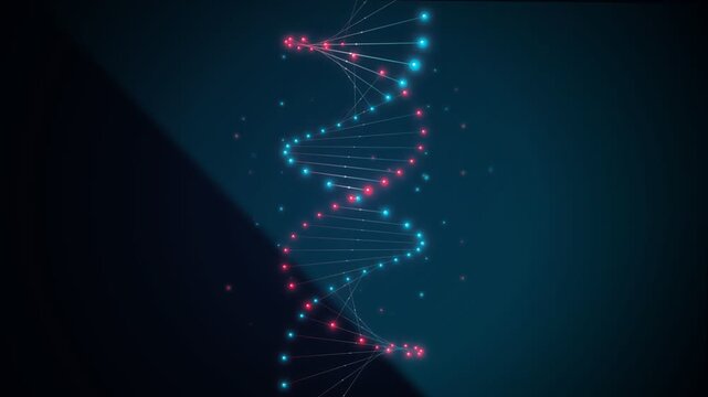 3D rendering of a DNA helix with glowing pink and blue particles, symbolizing genetics and science