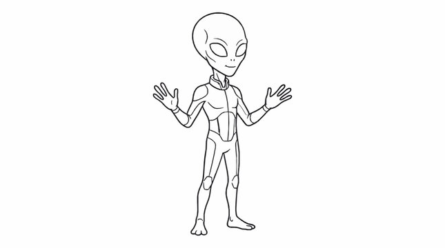 A cartoon illustration of a thin humanoid alien standing with arms raised on white background with stylized alien character